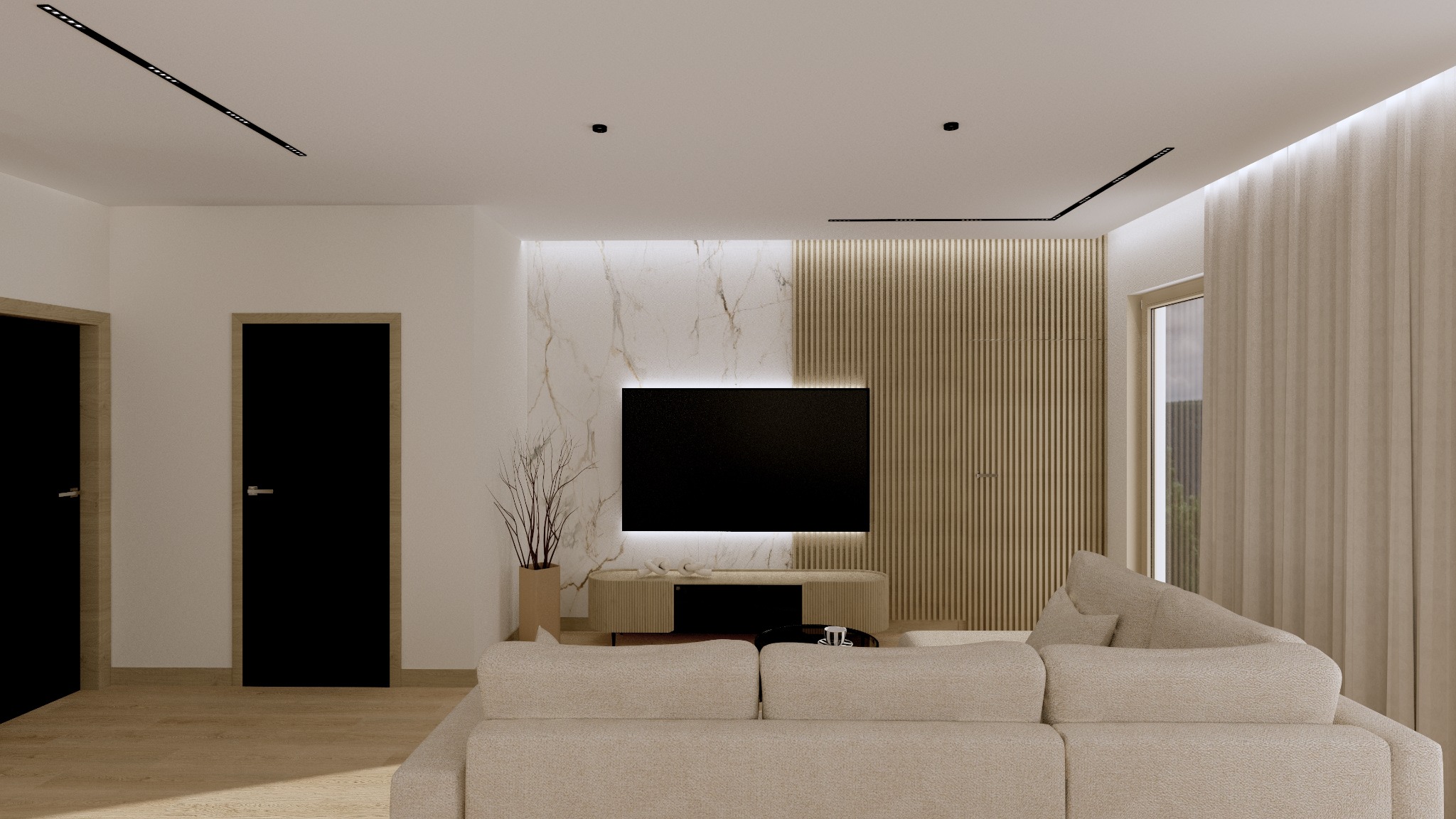 Elegancki salon z beżową sofą, ścianą z marmuru i drewnianymi lamelami. Telewizor wkomponowany w ścianę. Minimalistyczne oświetlenie i czarne drzwi dodają nowoczesności.