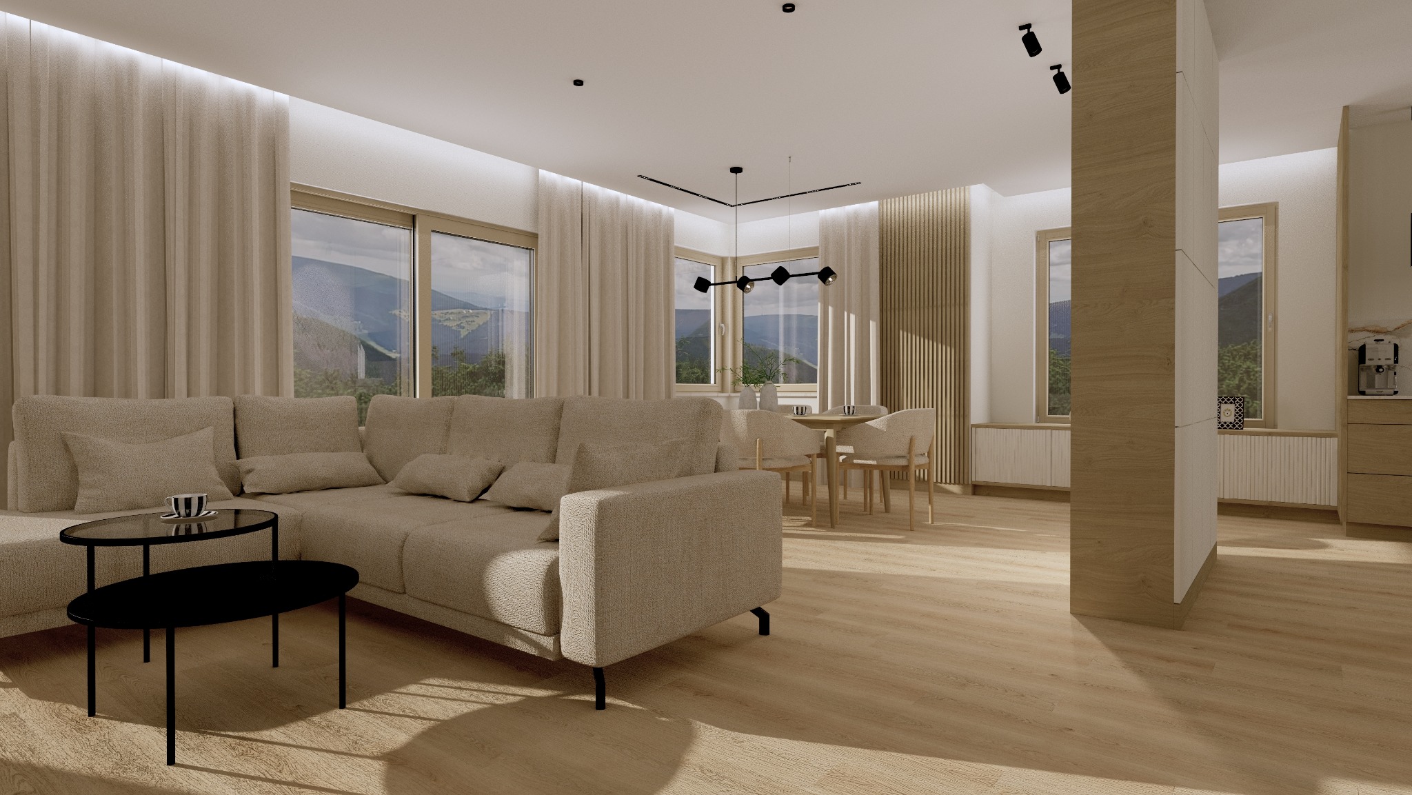Jasny salon z beżową sofą, stolikiem kawowym, stołem jadalnym i dużymi oknami z widokiem na góry. Nowoczesny design z drewnianymi akcentami i minimalistycznym oświetleniem.