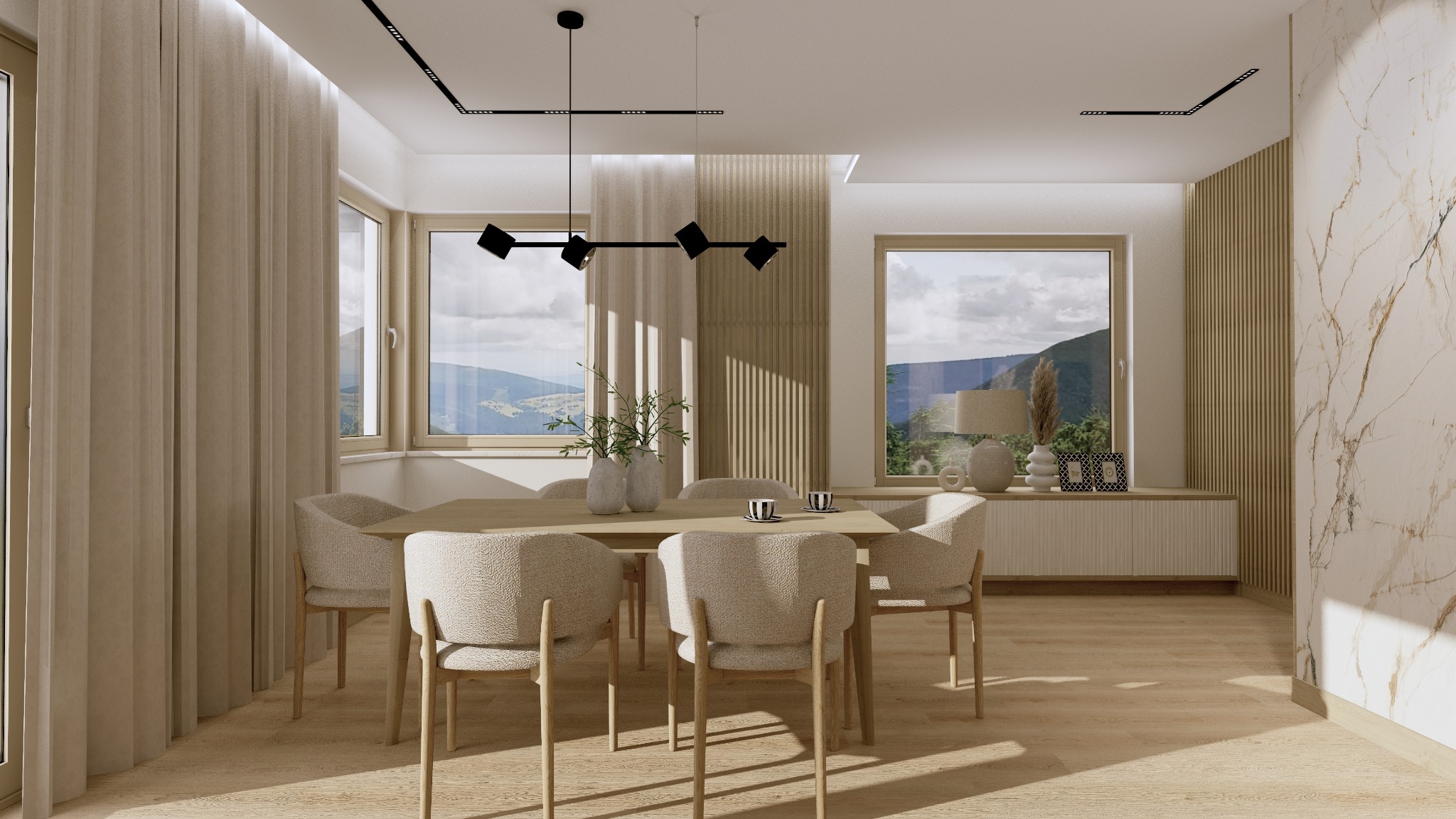 Jasna jadalnia z drewnianym stołem, krzesłami o beżowej tapicerce i widokiem na góry przez okno. Marmurowa ściana i designerska lampa sufitowa.