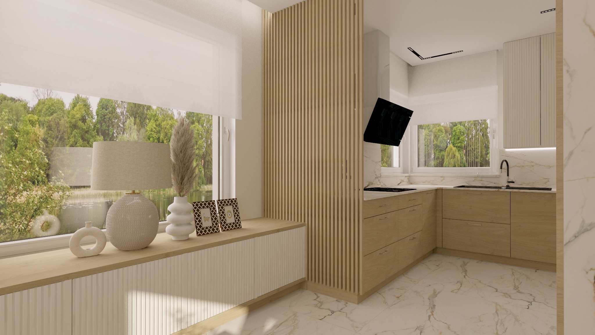 Jasna kuchnia z drewnianymi akcentami: zabudowa okienna z dekoracjami, lamelowa ścianka działowa, marmurowe podłogi. Widok na zieleń za oknem.