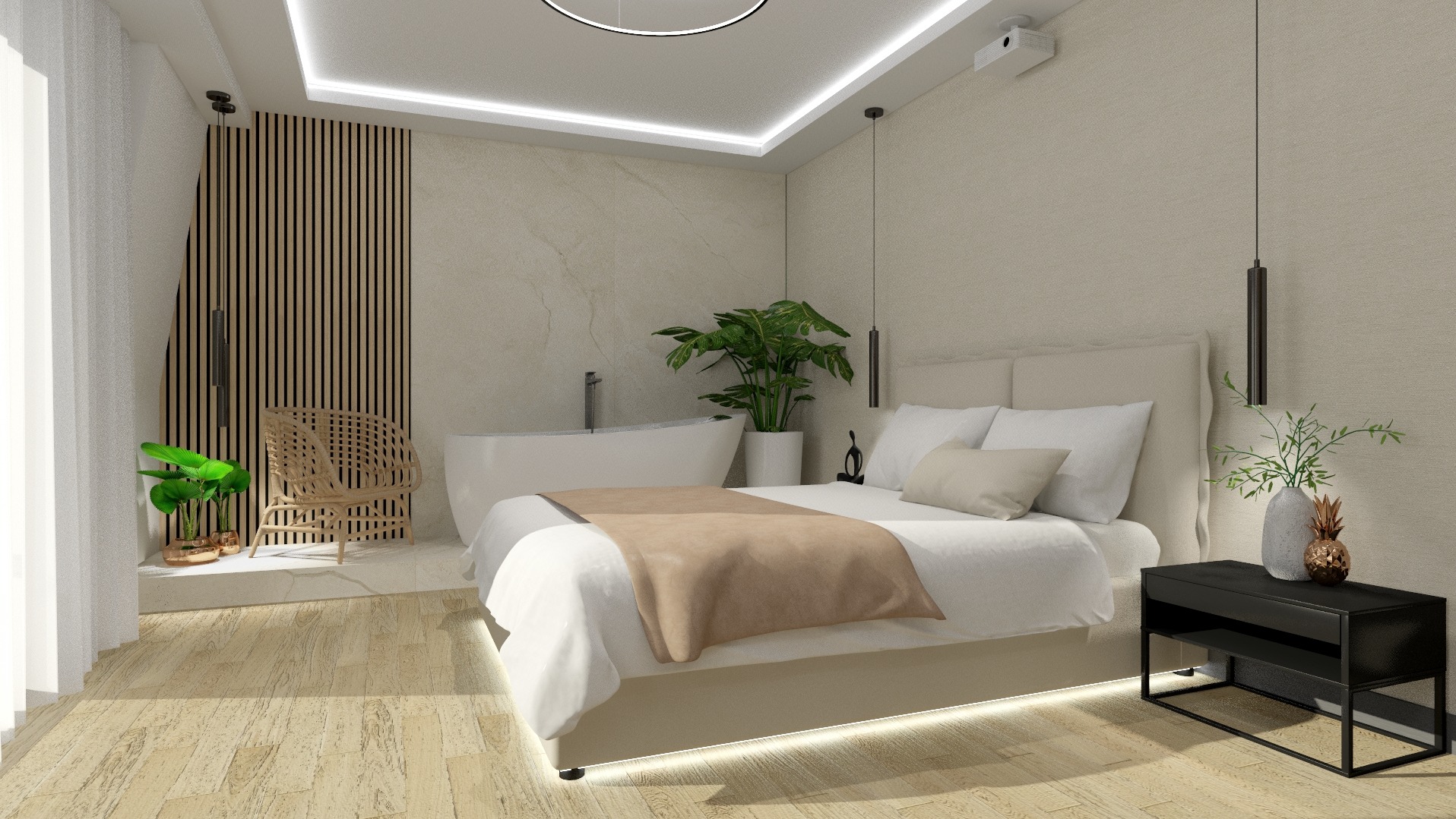 Jasna sypialnia z wanną wolnostojącą w tle, drewnianymi lamelami na ścianie i rattanowym fotelem. Minimalistyczny design z oświetleniem LED pod łóżkiem i wiszącymi lampami.