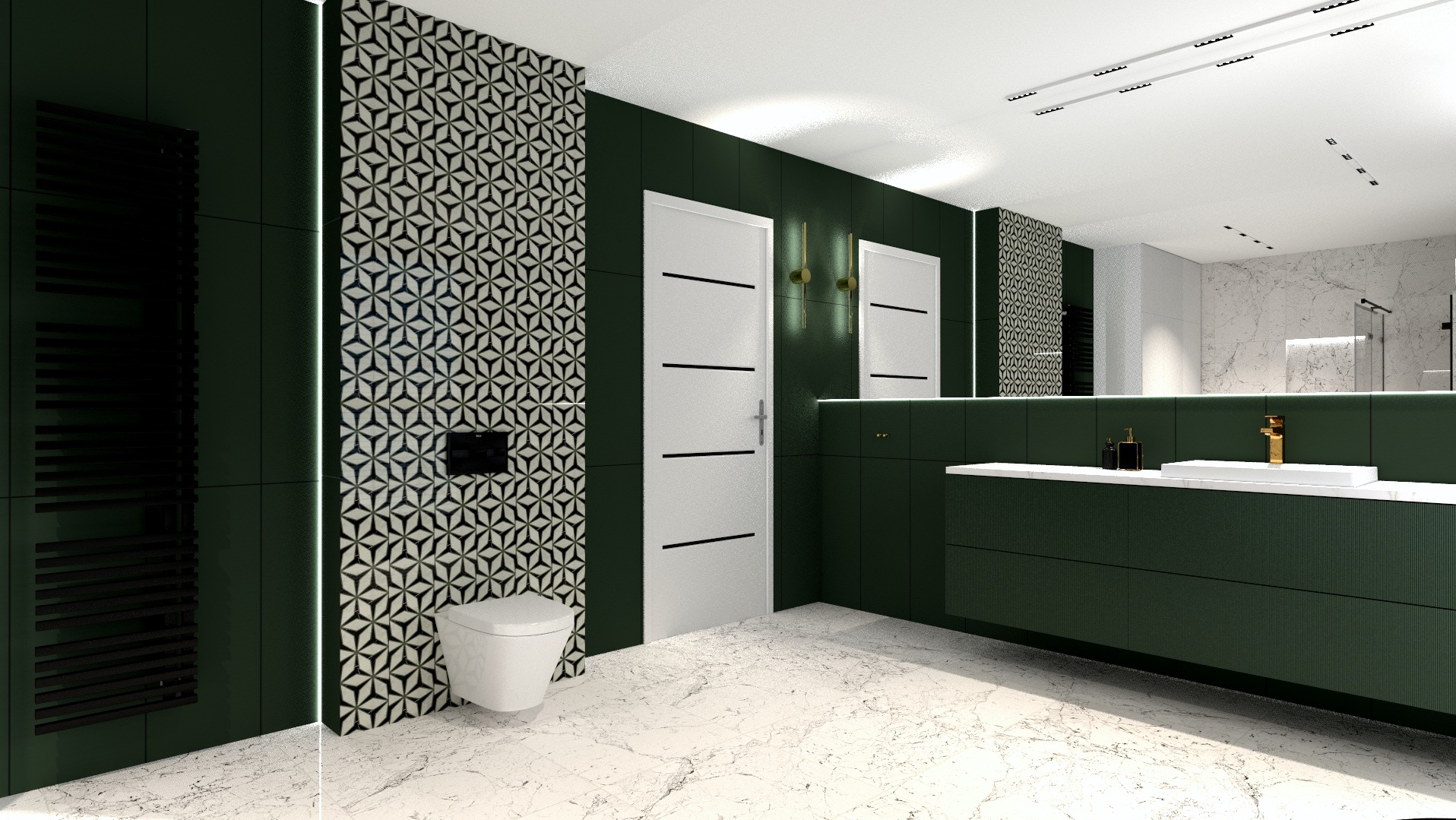 Elegancka łazienka w odcieniach zieleni z marmurową podłogą. Uwagę zwracają geometryczne wzory na ścianie i złote akcenty armatury. Minimalistyczny design.