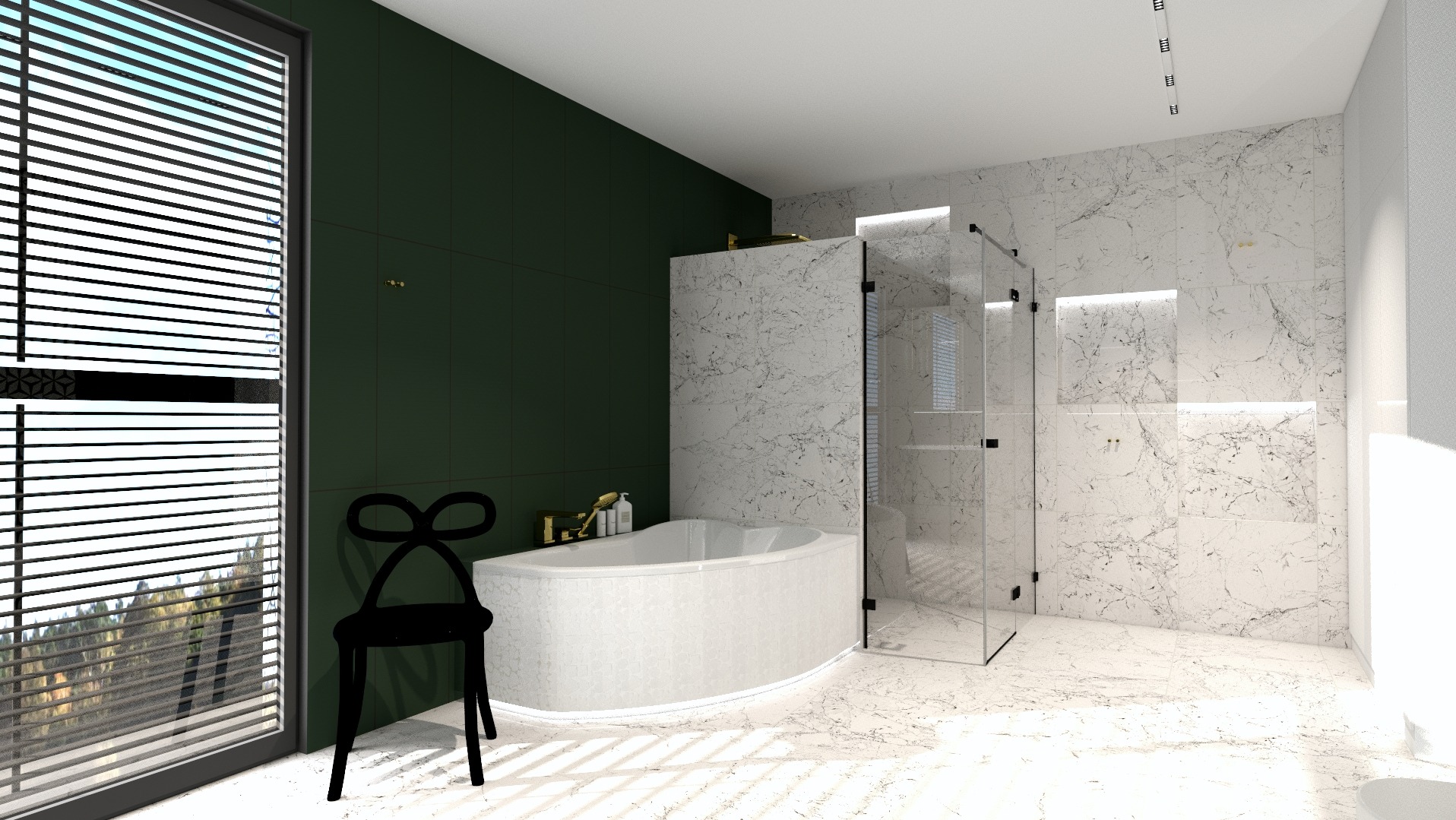 Nowoczesna łazienka z wanną, przeszklonym prysznicem i akcentem ciemnozielonej ściany. Czarna, designerska krzesło przy oknie z żaluzjami.
