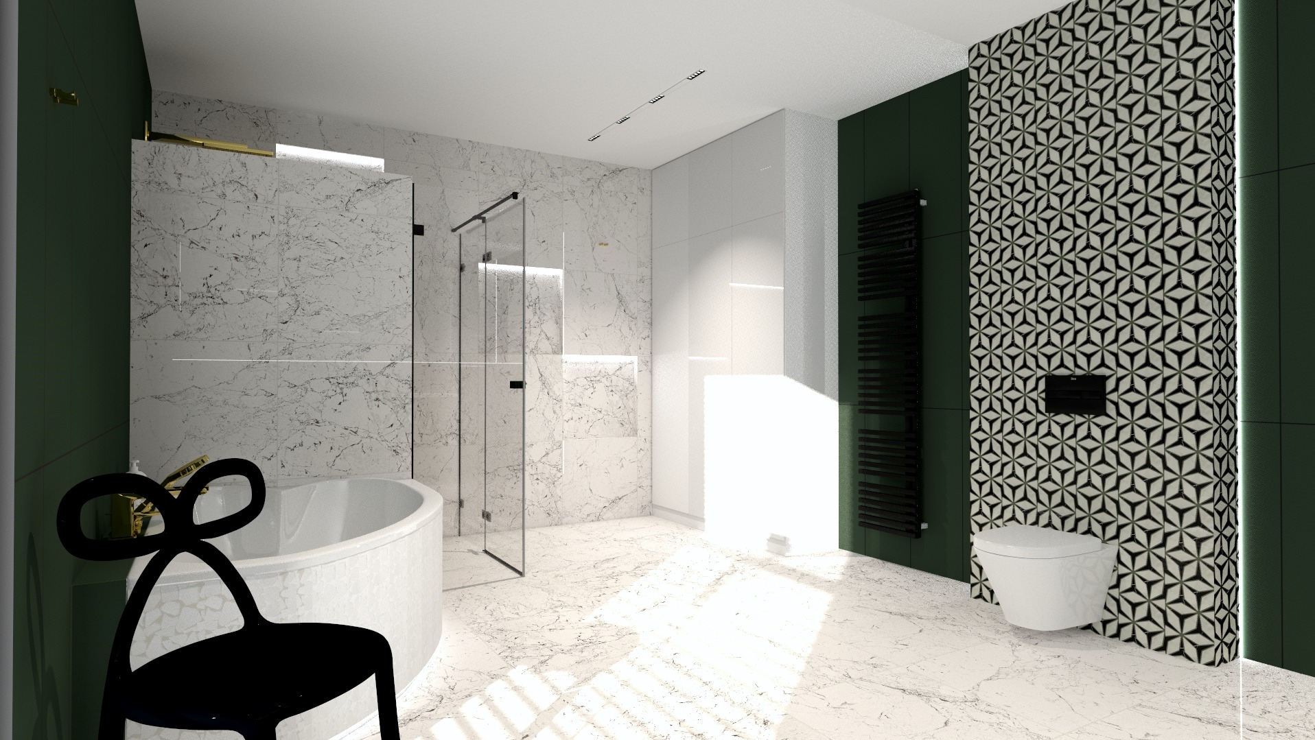 Wnętrze łazienki z wanną, kabiną prysznicową i toaletą. Marmurowe płytki, ściana w geometryczny wzór, akcenty zieleni i czarne dodatki, w tym designerskie krzesło.