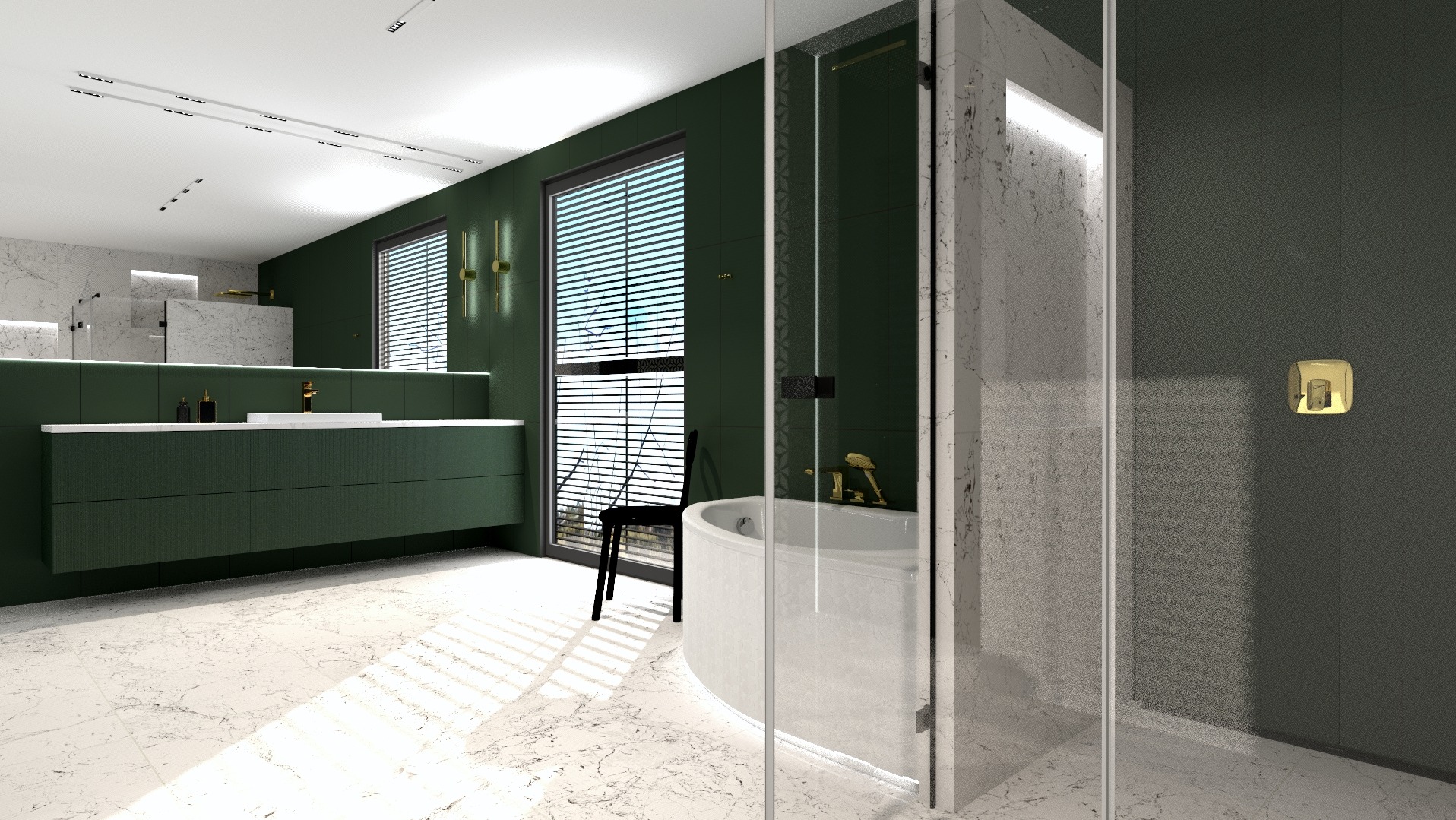 Nowoczesna łazienka z zielonymi ścianami i marmurową podłogą. Kabina prysznicowa ze szklanymi drzwiami, biała wanna, czarne krzesło przy oknie z żaluzjami.