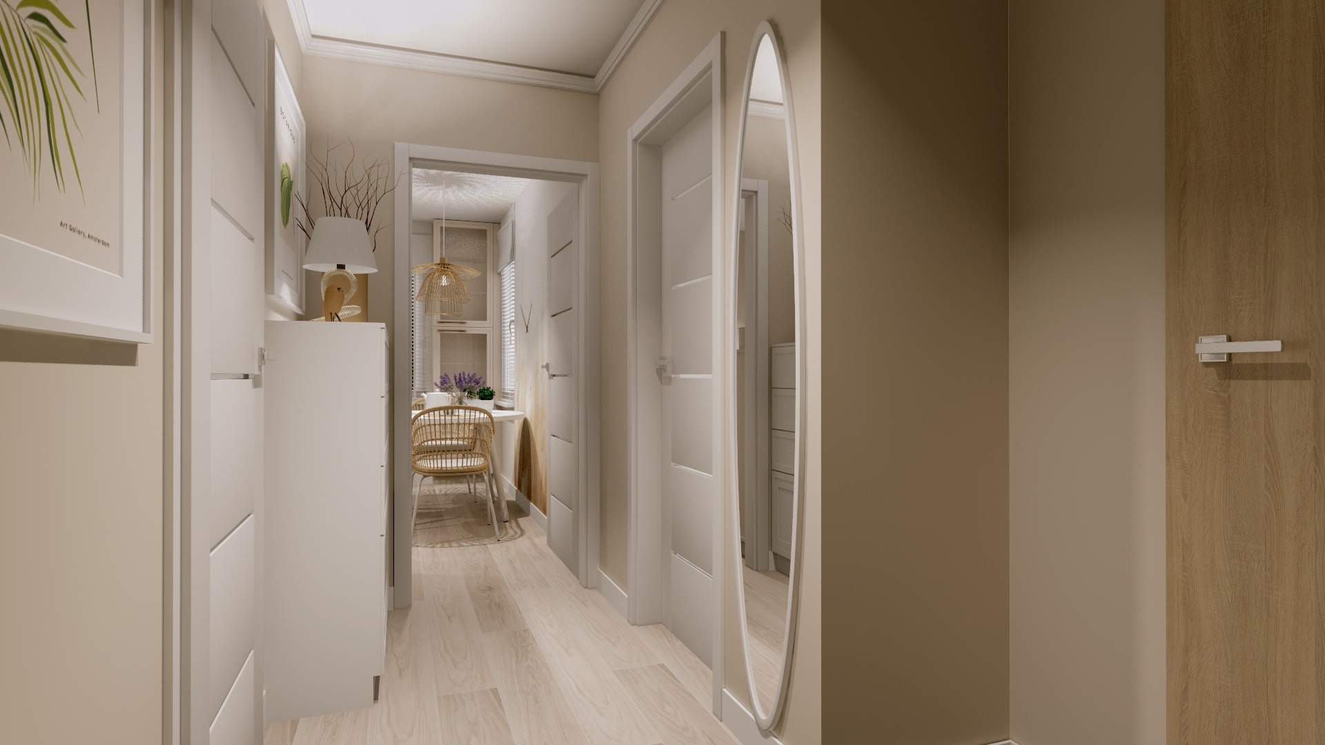 Jasny korytarz z lustrem owalnym i widokiem na jadalnię z rattanowym krzesłem i lampą. Minimalistyczny design, neutralna kolorystyka, obrazy na ścianach.