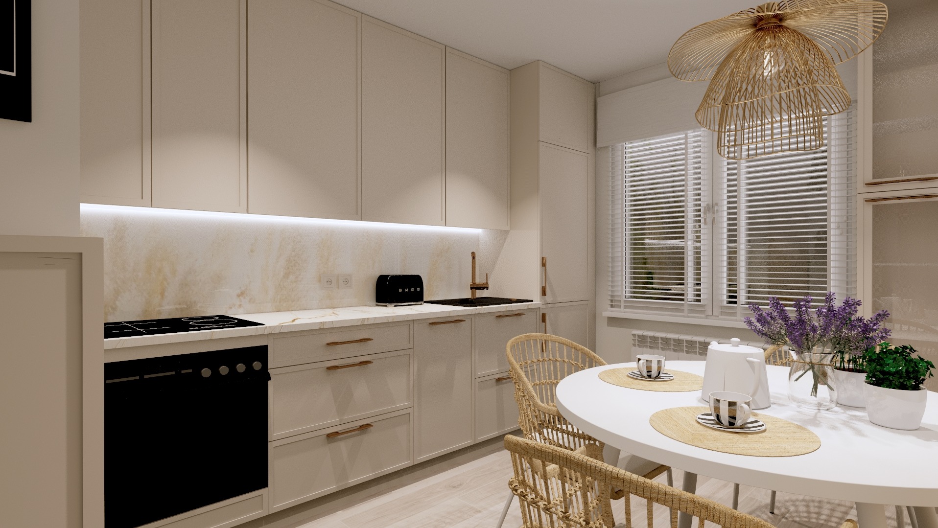 Beżowa kuchnia w nowoczesnym stylu: zabudowa meblowa, marmurowy blat, okrągły stół z rattanowymi krzesłami, dekoracyjny żyrandol i kwiaty w wazonie.