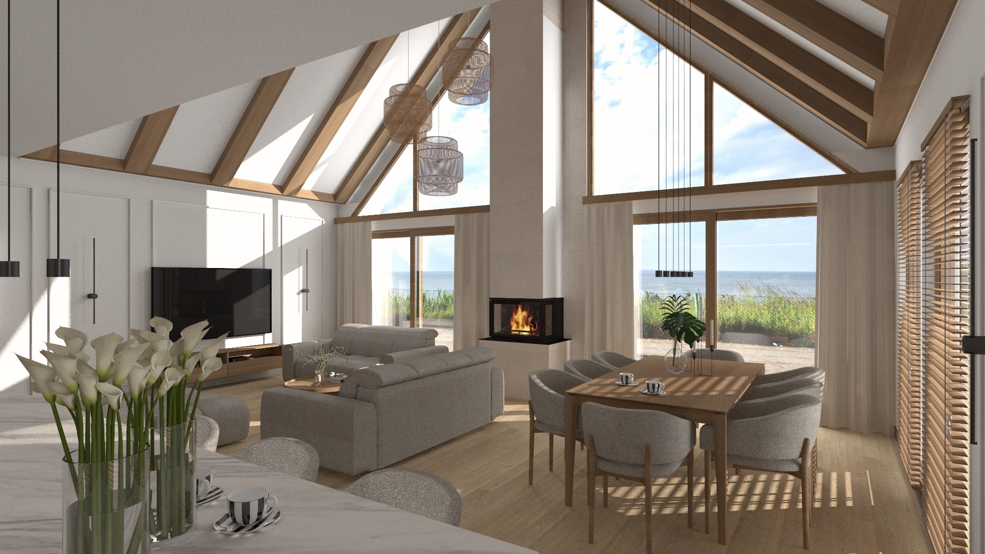 Jasne wnętrze salonu z wysokim sufitem i widokiem na morze. Centralnie kominek, stół z krzesłami i kanapy. Projekt z drewnianymi elementami i naturalnym światłem.