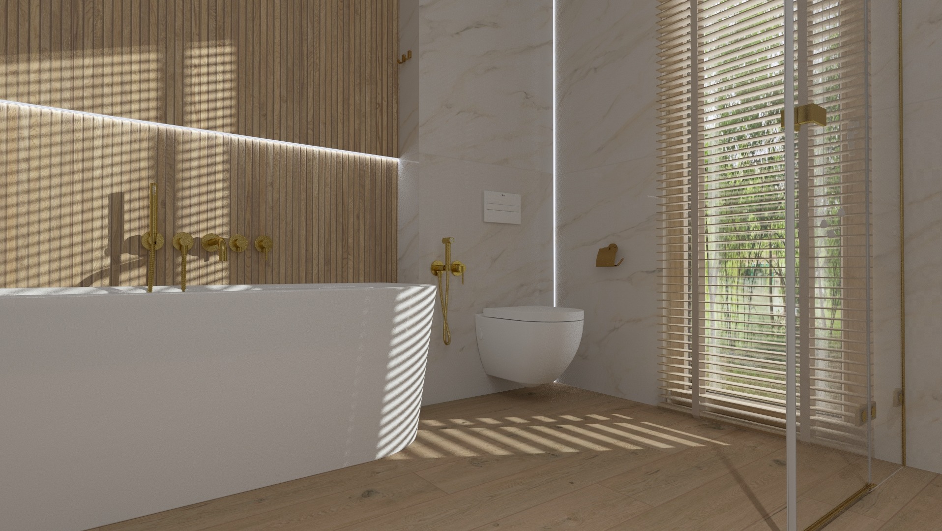 Jasna łazienka w beżach z drewnianymi akcentami: wolnostojąca wanna, podwieszana toaleta i żaluzje w oknie tworzą spójną, elegancką całość.