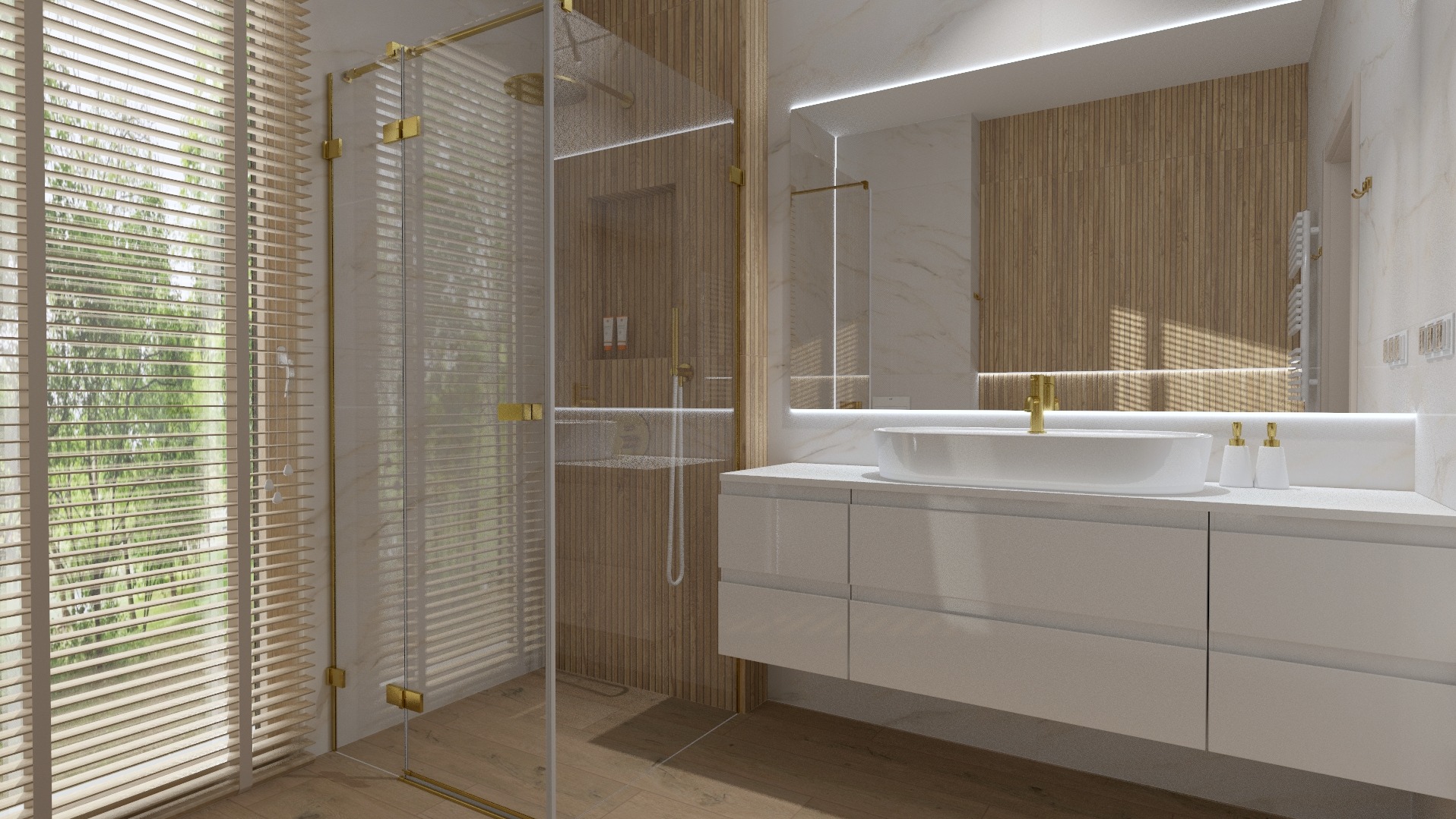 Nowoczesna łazienka z kabiną prysznicową i umywalką w Borówcu. Drewniane żaluzje w oknie i podświetlane lustro dodają elegancji. Minimalistyczny design.