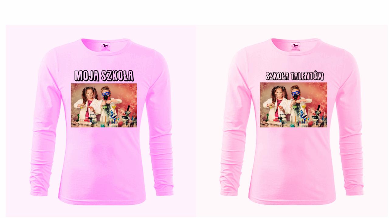Dwa różowe longsleeve z nadrukami: po lewej 'Moja Szkoła', po prawej 'Szkoła Talentów', oba z wizerunkiem dzieci w strojach laboratoryjnych.