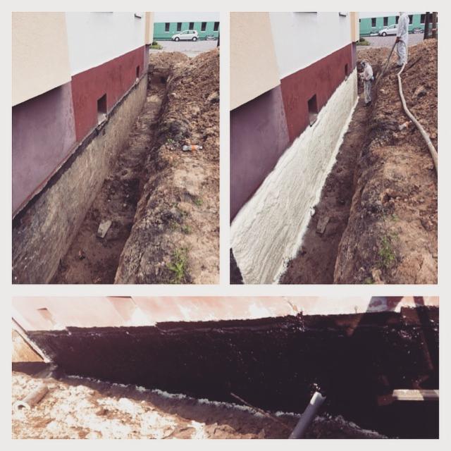 Trzy ujęcia: wykop fundamentu przed izolacją, po nałożeniu piany izolacyjnej oraz po zabezpieczeniu czarną masą bitumiczną.