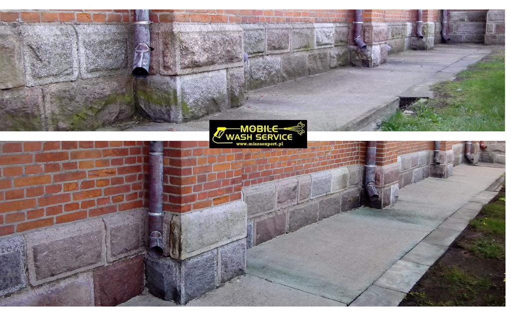 Porównanie stanu elewacji budynku przed i po czyszczeniu: górna część zdjęcia przedstawia zabrudzoną, porośniętą mchem kamienną ścianę i chodnik, dolna część ukazuje czystą, odświeżoną powierzchnię...