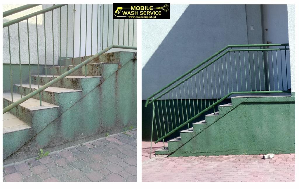 Porównanie schodów zewnętrznych przed i po czyszczeniu, z widocznymi zabrudzeniami i mchem po lewej stronie oraz czystą powierzchnią po prawej, z logo firmy czyszczącej w rogu.