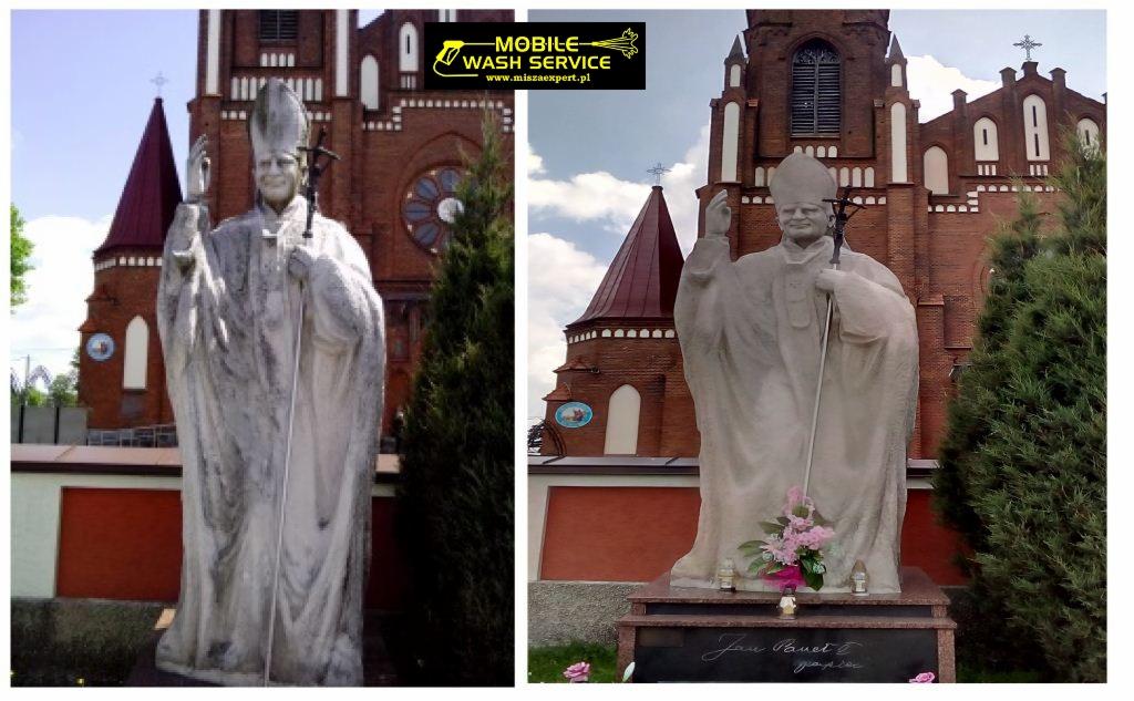 Porównanie stanu pomnika Jana Pawła II przed i po czyszczeniu, z widoczną różnicą w kolorze kamienia i usunięciem zabrudzeń, na tle ceglanego kościoła.