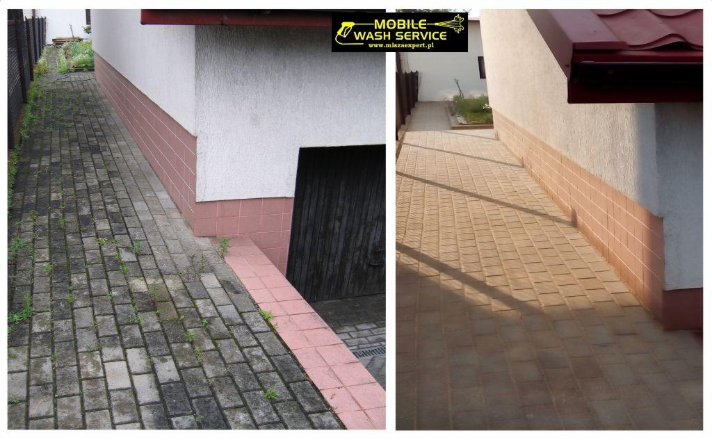 Porównanie kostki brukowej przed i po czyszczeniu: zarośnięta i brudna po lewej, czysta i odświeżona po prawej stronie zdjęcia.