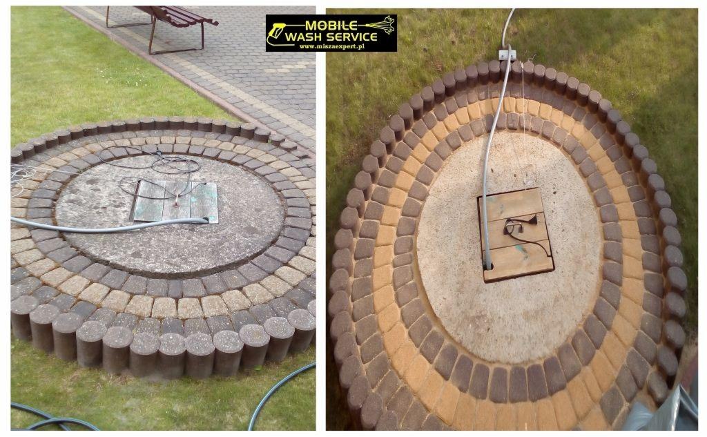 Czyszczenie ciśnieniowe fontanny ogrodowej z kostki brukowej w Białymstoku, widoczne różnice przed i po myciu.