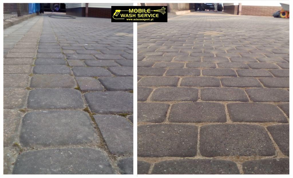Porównanie kostki brukowej przed i po czyszczeniu, widoczne wyraźne różnice w kolorze i usunięciu zabrudzeń, z logo firmy w tle.