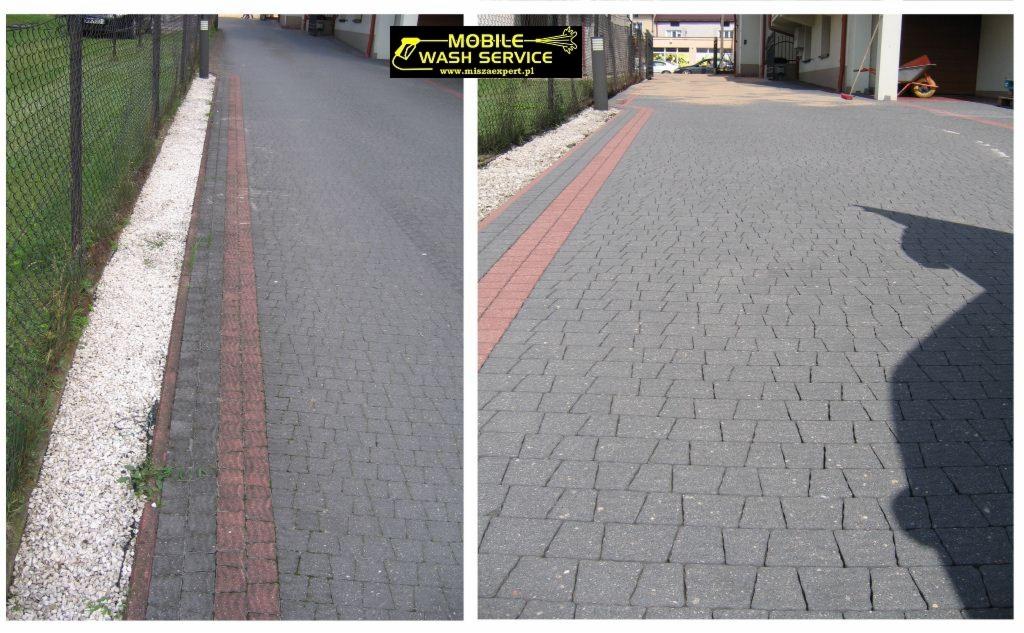 Porównanie kostki brukowej przed i po czyszczeniu, widoczne wyraźne różnice w kolorze i czystości, z logo firmy czyszczącej w rogu.