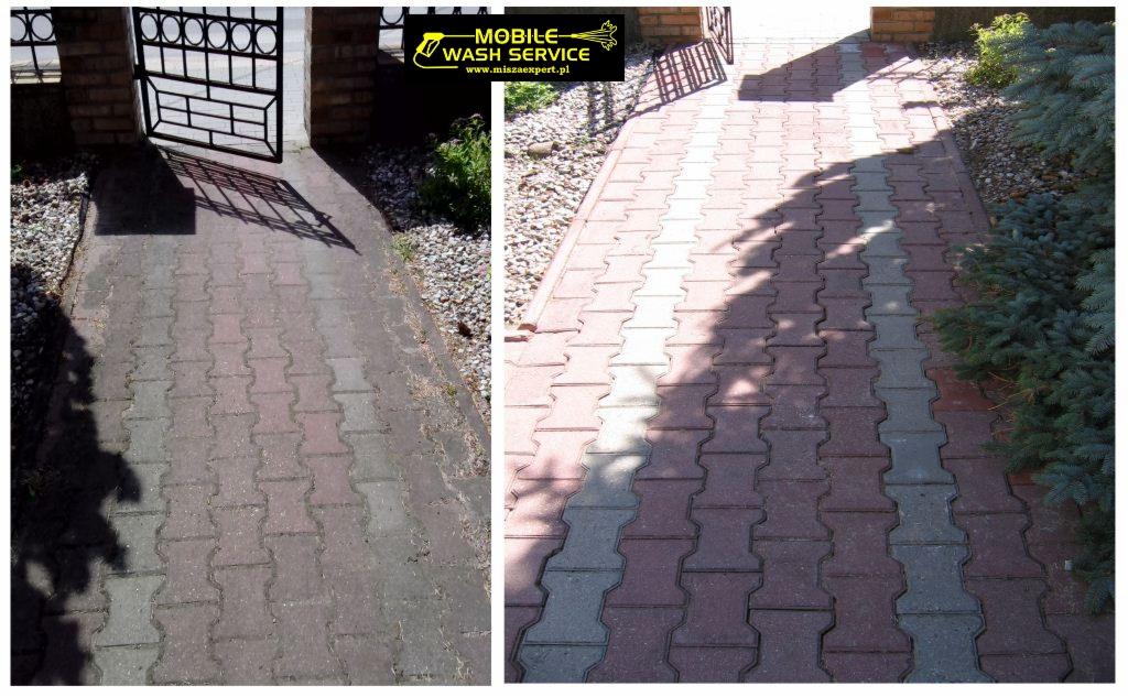 Porównanie stanu kostki brukowej przed i po czyszczeniu, widoczna wyraźna różnica w kolorze i czystości nawierzchni.