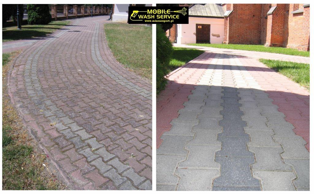 Porównanie stanu kostki brukowej przed i po czyszczeniu: po lewej stronie zaniedbana, pokryta mchem i brudem, po prawej odświeżona, z wyraźnym kolorem i czystą powierzchnią, z widocznym logo firmy...