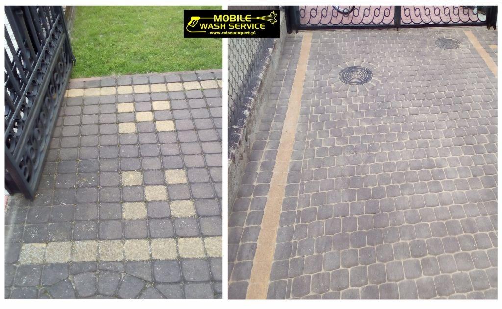 Połowa kostki brukowej przed czyszczeniem (po lewej), druga połowa po czyszczeniu (po prawej) wraz z widocznym logo firmy Mobile Wash Service.