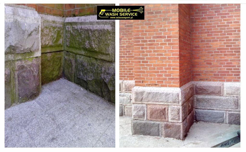 Porównanie fragmentu muru z kamienia i cegły przed i po czyszczeniu: po lewej stronie kamień pokryty mchem, po prawej czysta cegła i kamień.
