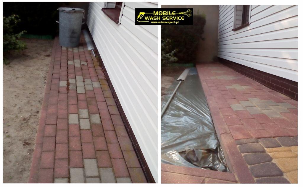 Porównanie stanu kostki brukowej przed i po czyszczeniu, z widoczną różnicą w zabrudzeniach i zabezpieczeniem folią fragmentu elewacji.