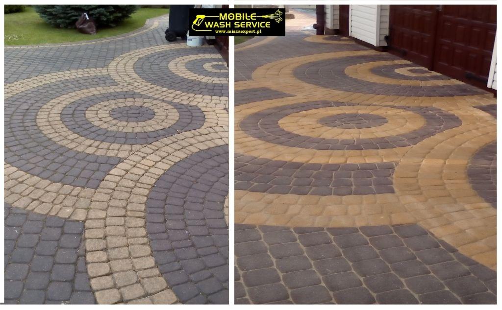 Porównanie kostki brukowej przed i po czyszczeniu: po lewej stronie brudna, po prawej świeżo umyta, ukazująca okrągły wzór z szarych i beżowych kostek.