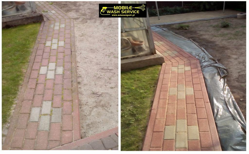 Porównanie kostki brukowej przed i po czyszczeniu: po lewej stronie zabrudzona i porośnięta mchem, po prawej świeżo umyta i zabezpieczona folią ochronną.