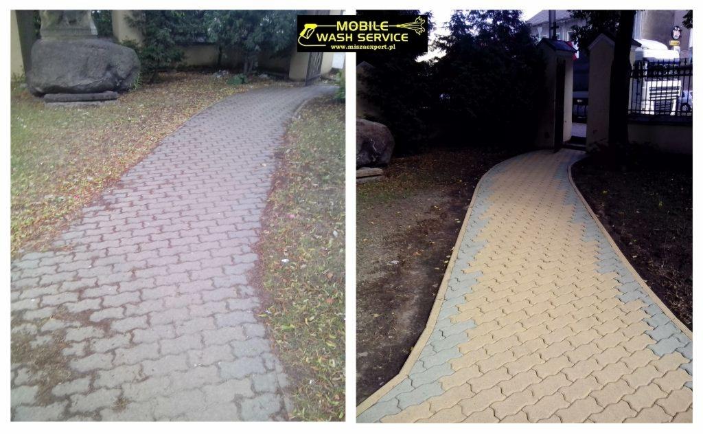 Porównanie kostki brukowej przed i po czyszczeniu: po lewej stronie zabrudzona, pokryta liśćmi, po prawej wyczyszczona, ukazująca jasne kolory, z logo firmy w górnym rogu.