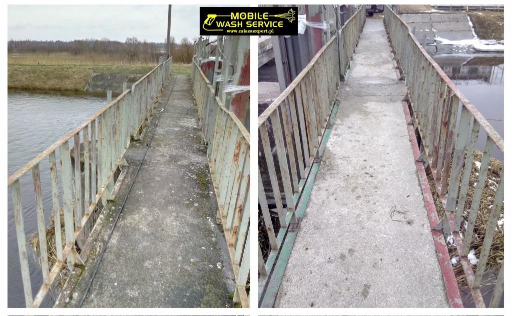 Porównanie stanu metalowego mostku dla pieszych przed i po czyszczeniu myjką ciśnieniową, widoczne usunięcie mchu i zabrudzeń z betonu i metalowych barierek.