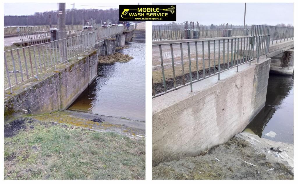 Dwa ujęcia betonowej konstrukcji mostu/zapory przed i po czyszczeniu, widoczne różnice w kolorze betonu i usunięte zabrudzenia, logo firmy czyszczącej w górnej części zdjęcia.