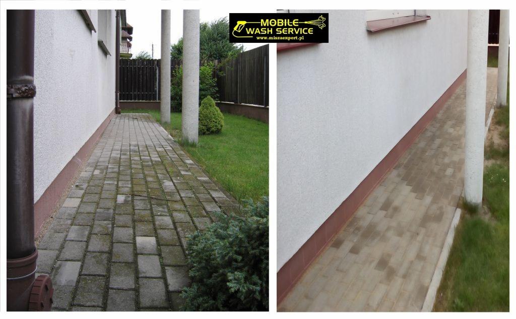Porównanie stanu kostki brukowej przed i po czyszczeniu, widoczne różnice w kolorze i usunięcie zabrudzeń.