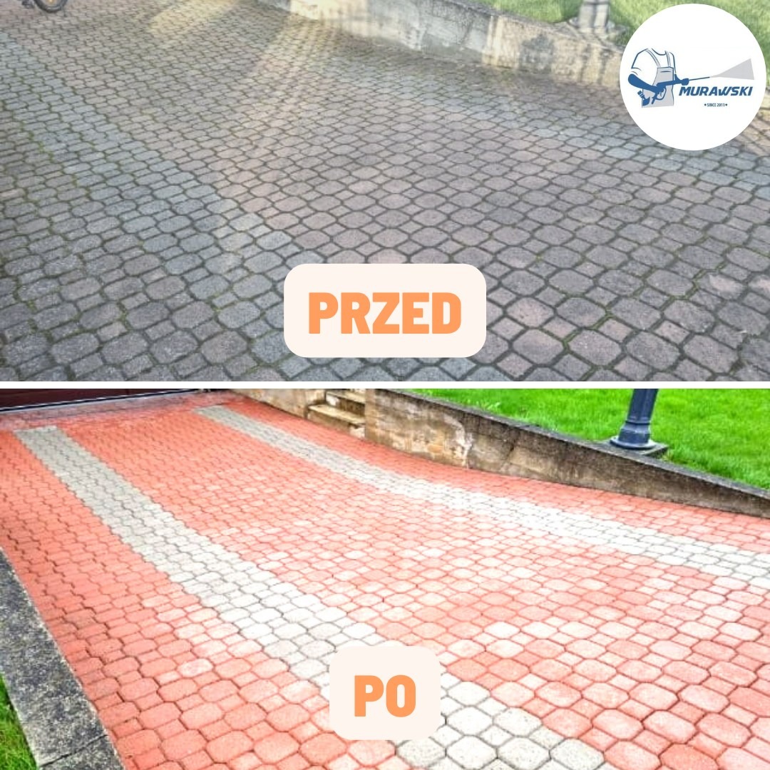 Kostka brukowa przed i po czyszczeniu. Górna część szara, zabrudzona, dolna część czerwono-biała, czysta. Widoczne różnice w kolorze i wyglądzie.