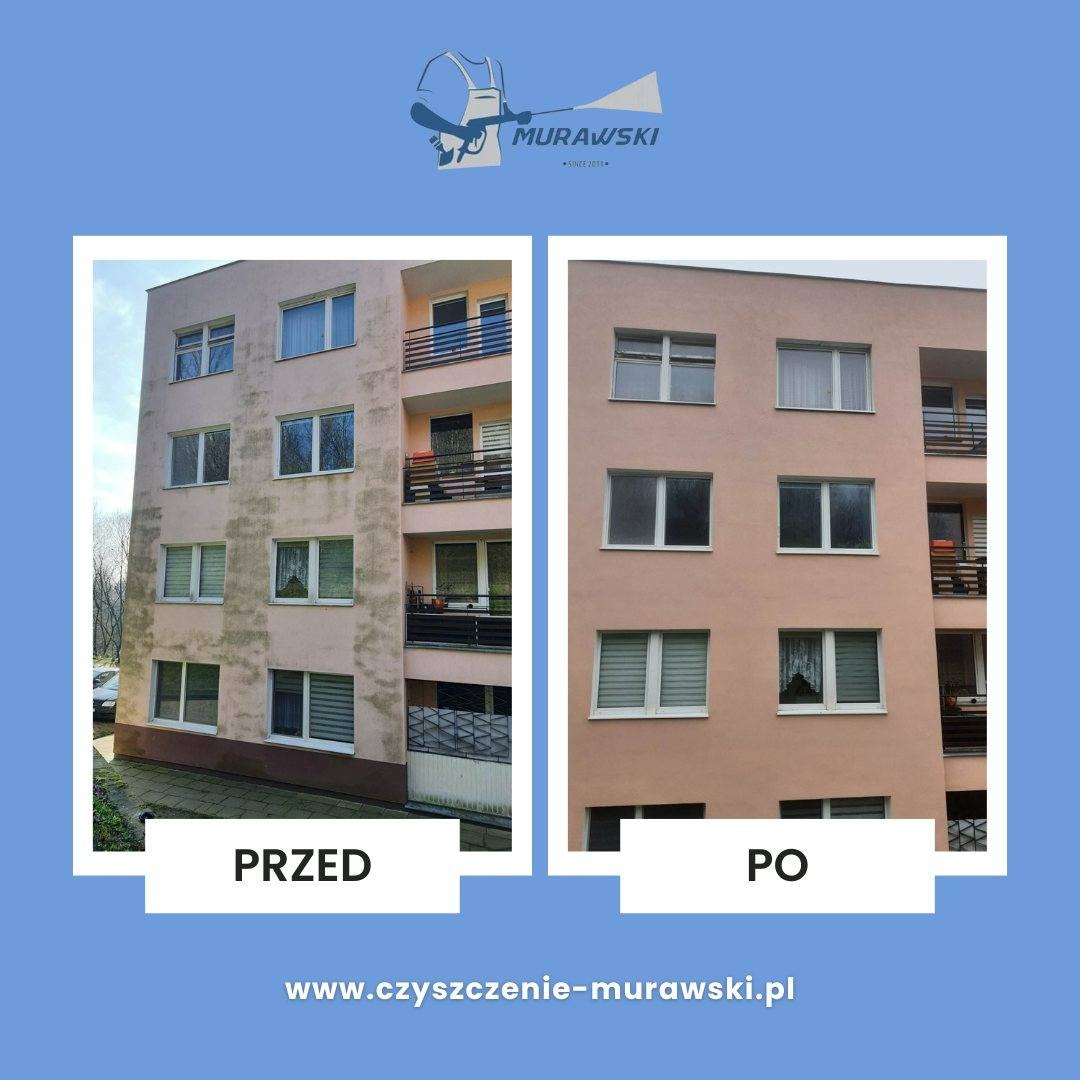 Elewacja budynku przed i po czyszczeniu. Lewa strona brudna, prawa czysta. Widoczne balkony i okna. Ujęcie z dołu, budynek trzypiętrowy.
