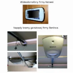 Zestawienie: wideodomofon Kenwei na ścianie i napędy bramy garażowej Beninca zamontowane pod sufitem.