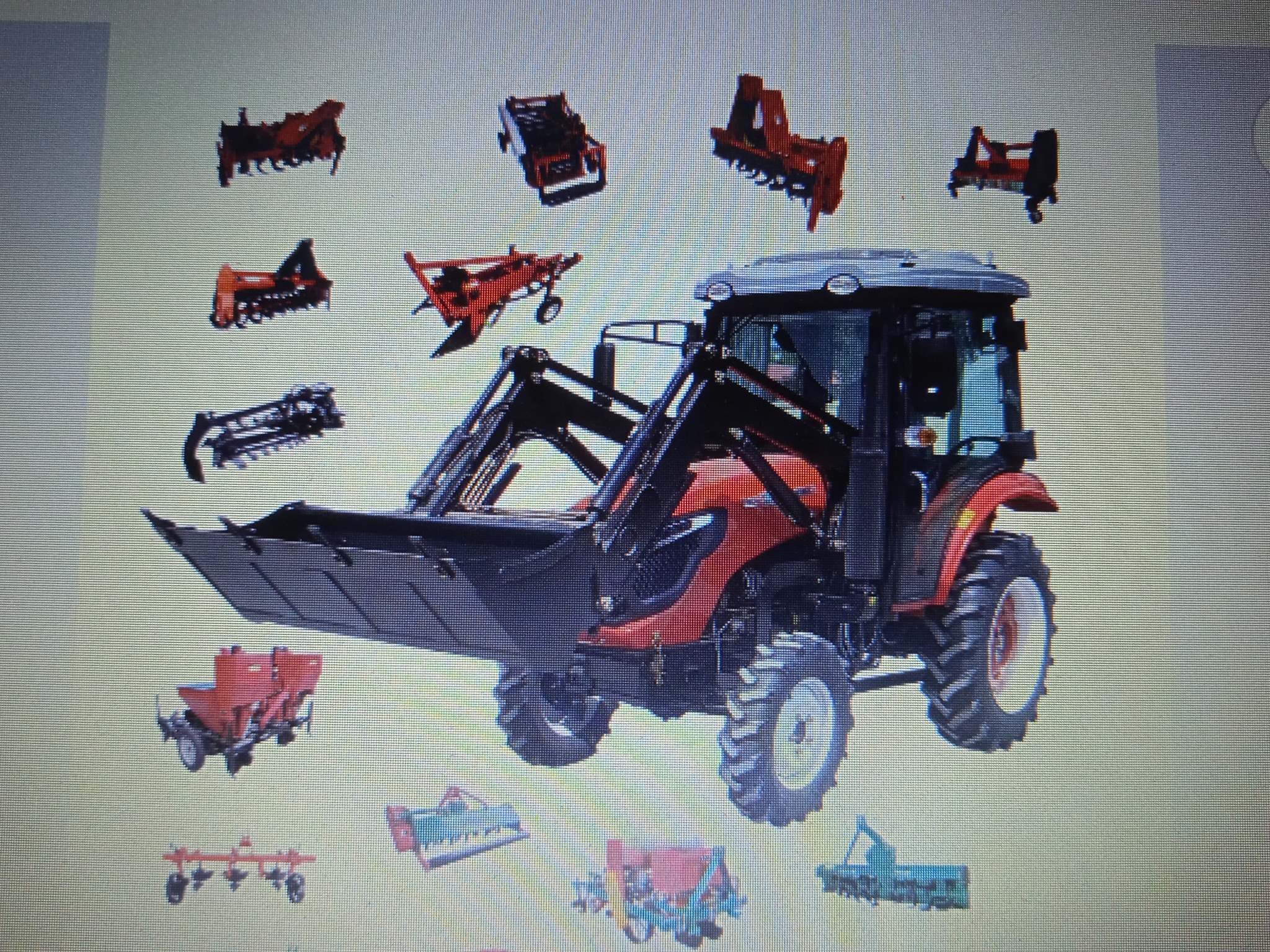 Czerwony traktor z ładowaczem czołowym i zestawem narzędzi rolniczych unoszących się wokół, prezentacja maszyn rolniczych.