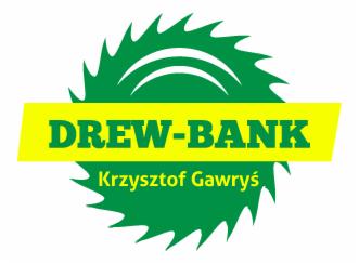Logo firmy Drew-Bank Krzysztof Gawryś na tle zielonej piły tarczowej z zębami, umieszczone na białym tle.
