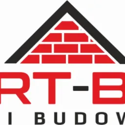 Logo firmy budowlanej Bart-Bud z dachem z czerwonej cegły i czarnym obramowaniem oraz napisem 'Usługi Budowlane'.