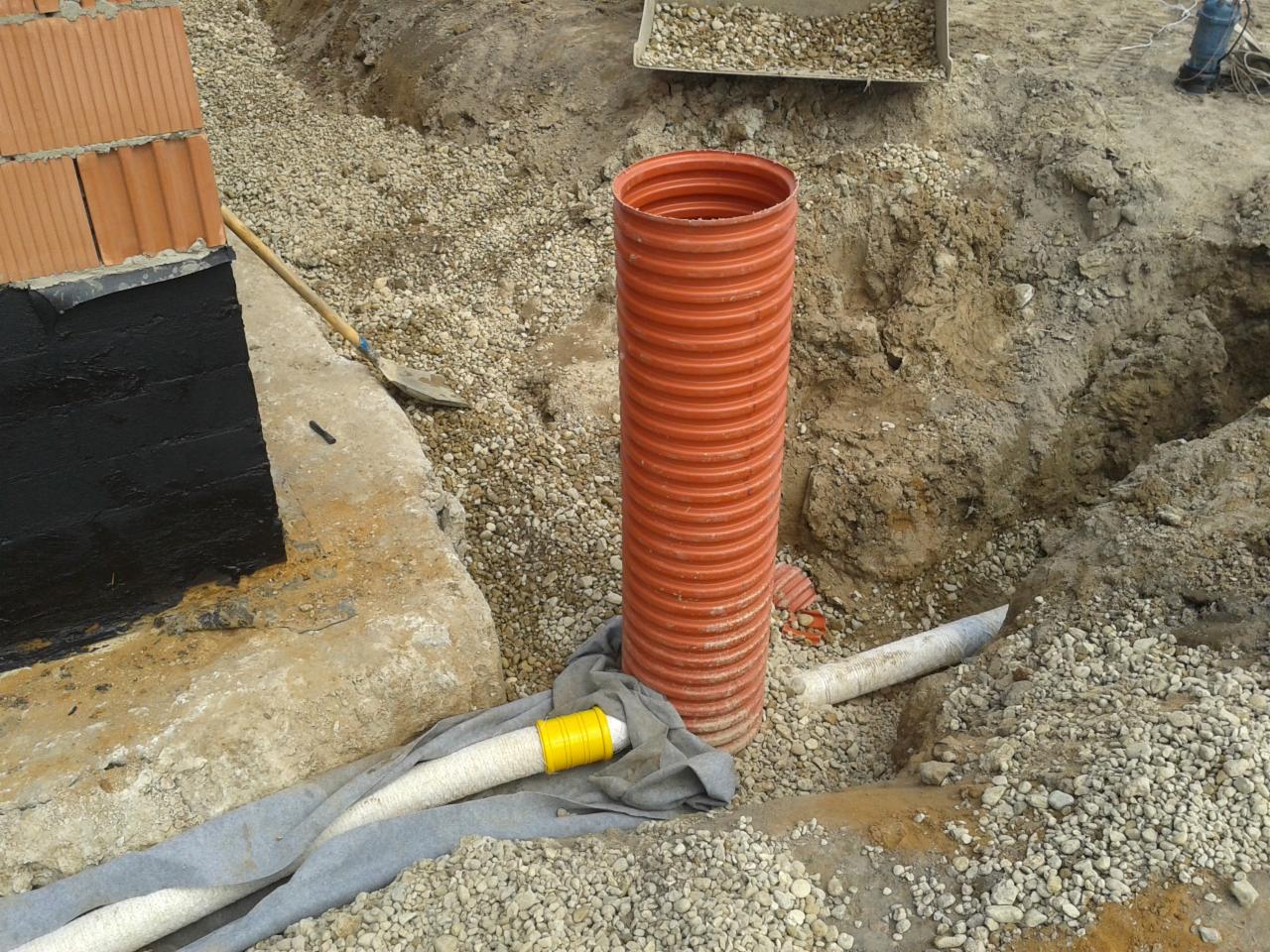 Pomarańczowa rura karbowana w wykopie wypełnionym żwirem, obok fundamentu z izolacją bitumiczną i fragmentem ceglanego muru. W tle widoczny fragment wykopu z ziemią.
