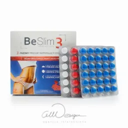 Zdjęcie produktowe suplementu diety BeSlim 3 z trzema rodzajami tabletek w blistrach: białymi, czerwonymi i niebieskimi, obok pudełka z informacjami o produkcie na białym tle.