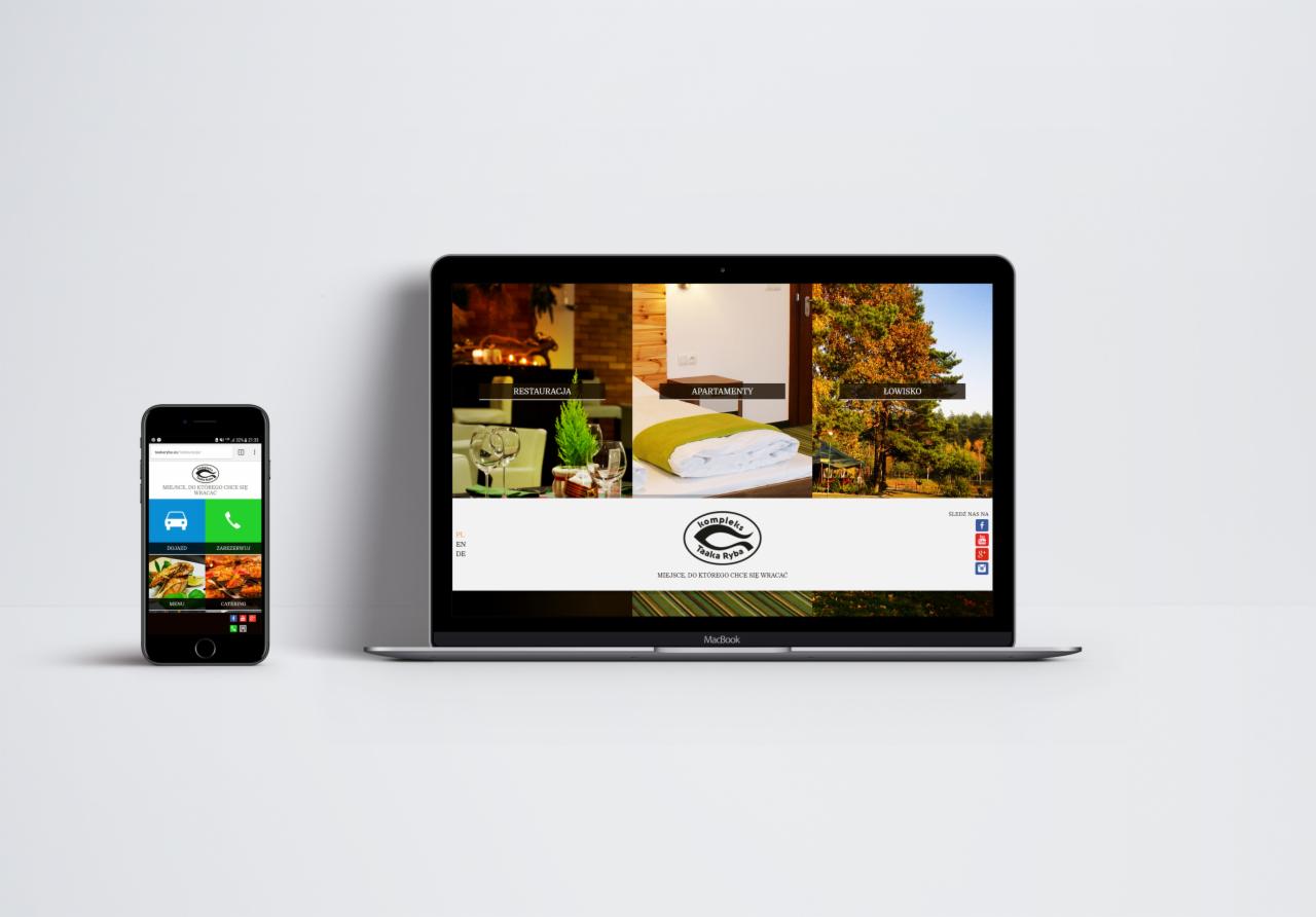 Responsywna strona internetowa na laptopie i smartfonie prezentująca restaurację, apartamenty i łowisko, z logo 'Kompleks Źródła Ryba'.