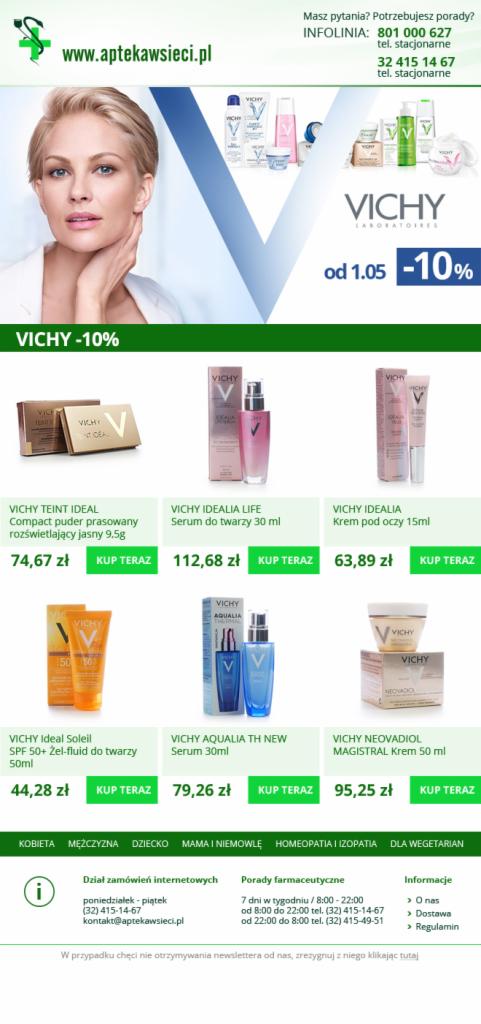 Promocja kosmetyków Vichy na stronie apteki internetowej, prezentująca puder, serum i kremy z rabatem -10%.