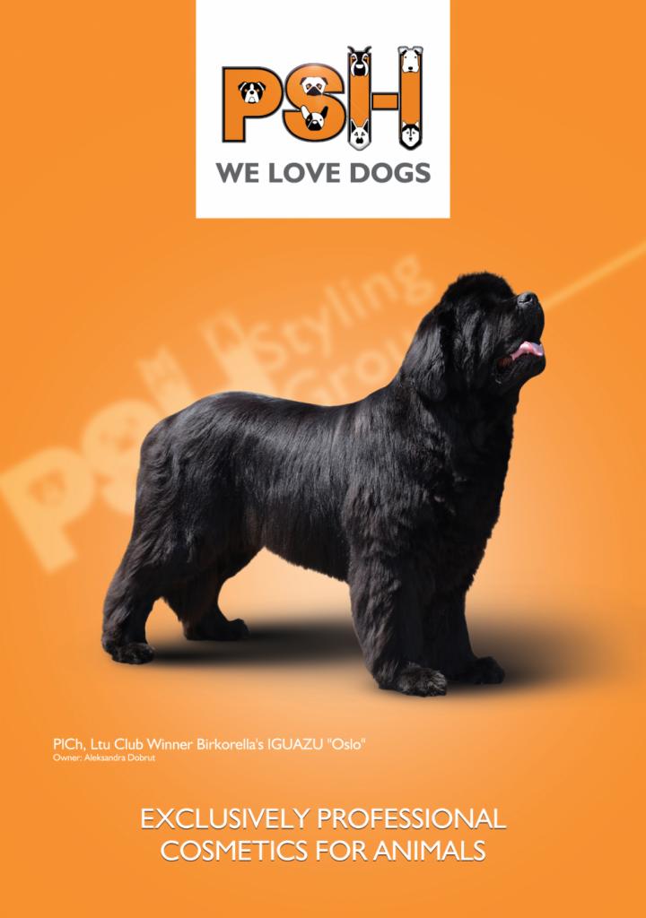 Czarny nowofundland prezentowany na pomarańczowym tle z logo firmy kosmetycznej dla zwierząt PSH i tekstem 'WE LOVE DOGS' oraz 'EXCLUSIVELY PROFESSIONAL COSMETICS FOR ANIMALS'.