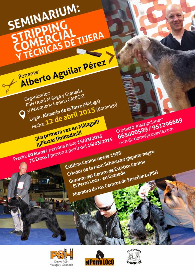 Plakat reklamowy seminarium o strzyżeniu psów, prezentujący zdjęcia strzyżonych psów różnych ras oraz organizatora Alberto Aguilar Pérez.