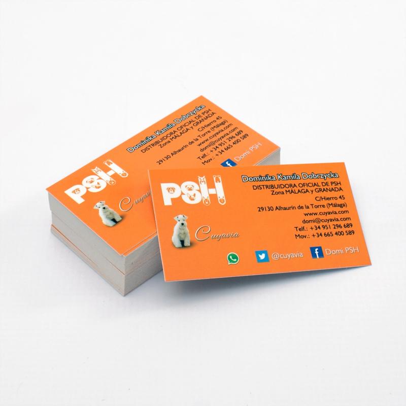 Stos pomarańczowych wizytówek z logo firmy PSH i wizerunkiem psa rasy Jack Russell Terrier, obok leży pojedyncza wizytówka z danymi kontaktowymi Dominiki Kamili Dobrzyckiej, dystrybutora PSH...