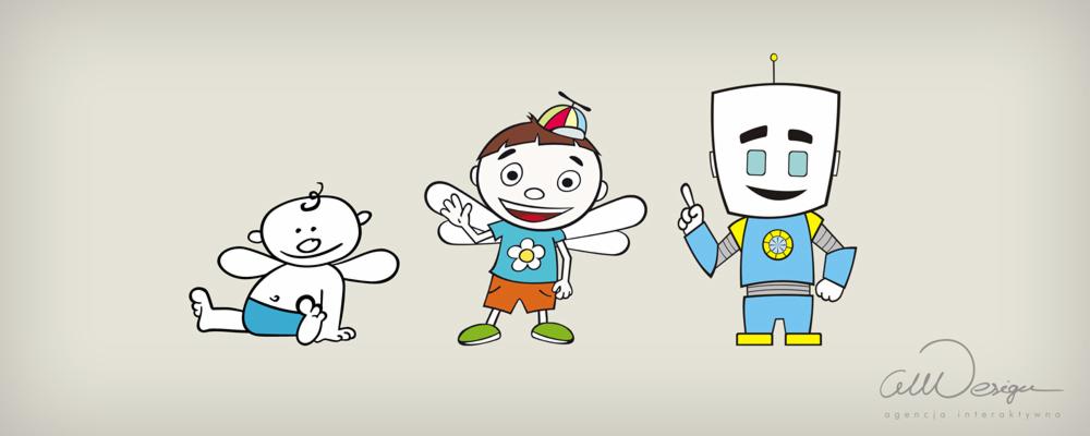 Ilustracja przedstawiająca ewolucję postaci od niemowlaka, przez dziecko z skrzydłami, do robota, w kreskówkowym stylu z podpisem agencji interaktywnej.