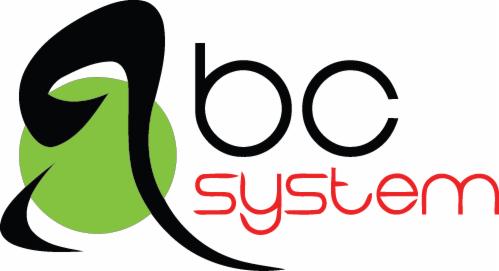 Logo firmy ABC System: czarny abstrakcyjny kształt z zielonym kołem, obok czarne litery BC i czerwony napis System.