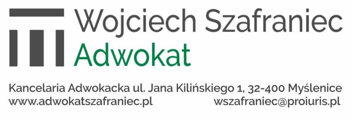 Logo Kancelarii Adwokackiej Wojciech Szafraniec z adresem, numerem pocztowym i adresem e-mail w Myślenicach oraz adresem strony internetowej.